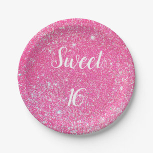 SWEET 16 Birthday Sparkle Hot Pink Glitter Paper Plate