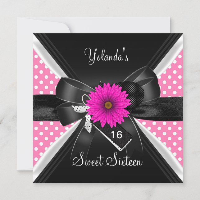 Sweet 16 Birthday Spot Polka Dot  Black White Pink Invitation (Front)