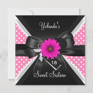 Sweet 16 Birthday Spot Polka Dot  Black White Pink Invitation