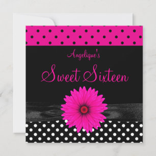 Sweet 16 Birthday Spot Polka Dot  Black White Pink Invitation