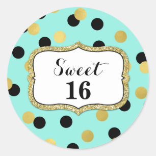 Sweet 16 Birthday Teal Black Gold Confetti Classic Round Sticker