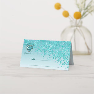 Sweet 16 Birthday Teal Blue Glitter & Blue Gem Place Card