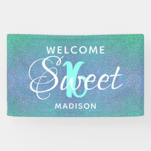 Sweet 16 Birthday Teal Blue Glitter Personalised Banner