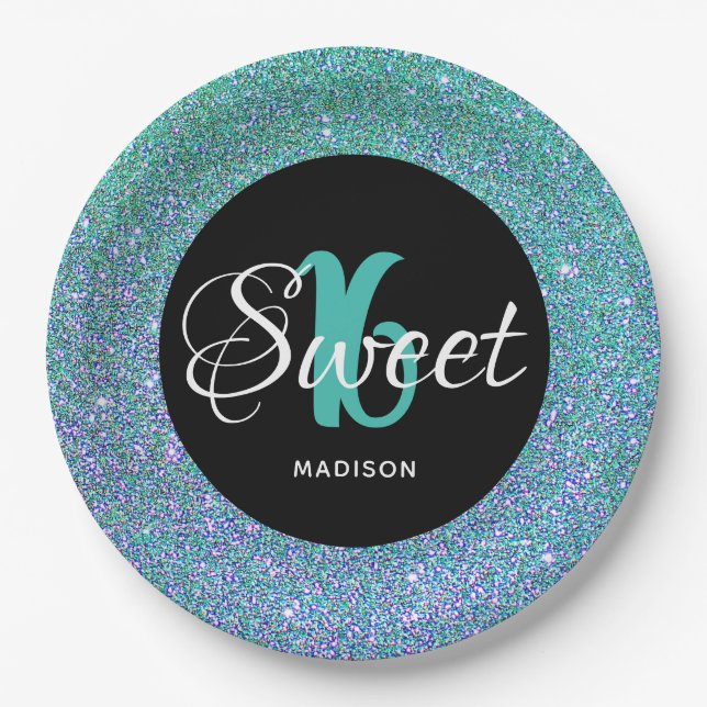 Sweet 16 Birthday Teal Blue Glitter Personalised Paper Plate (Front)