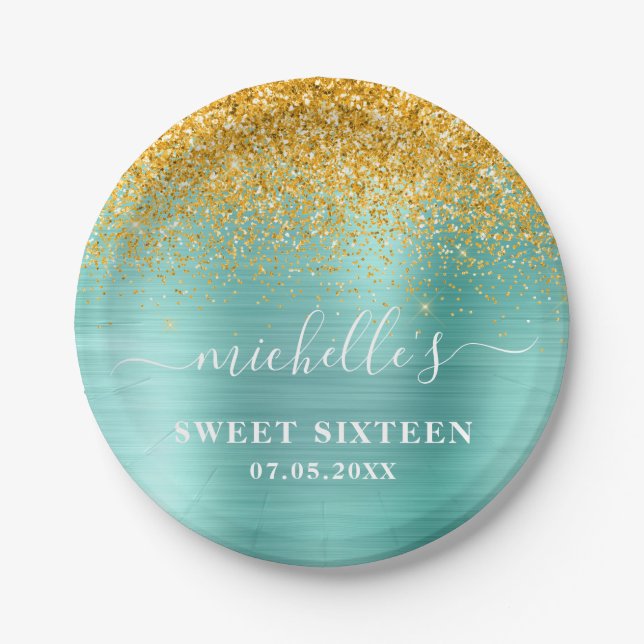 Sweet 16 Birthday Teal Gold Glitter Sparkle Name Paper Plate (Front)