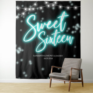 Sweet 16 Birthday Teal Neon Glow Dark Backdrop Tapestry