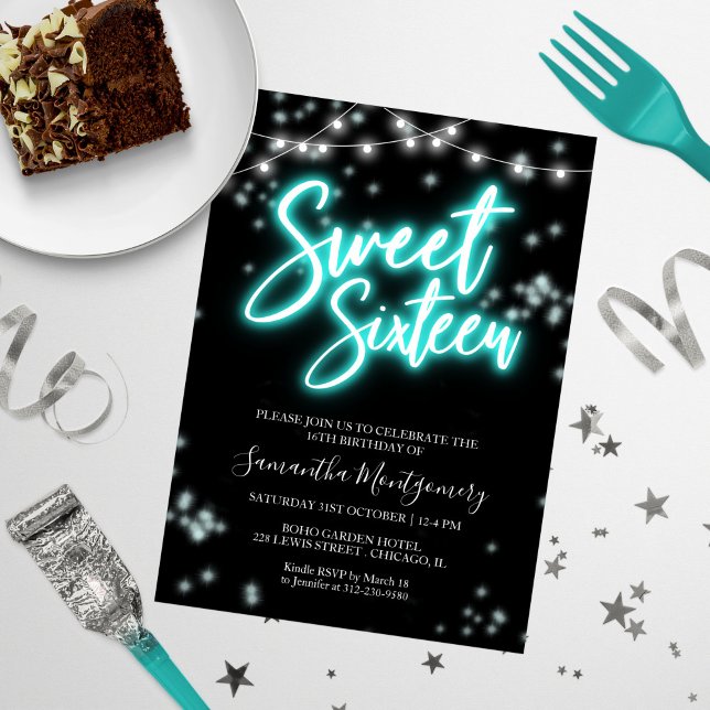 Sweet 16 Birthday Teal Neon Glow Dark Party Invitation (Creator Uploaded)