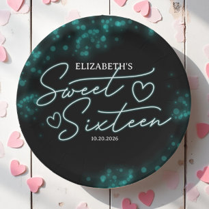 Sweet 16 Birthday Teal Neon Glow Dark Party Paper Plate