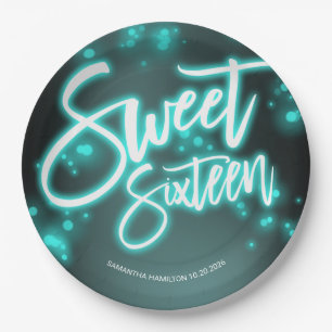 Sweet 16 Birthday Teal Neon Glow Dark Party Paper Plate