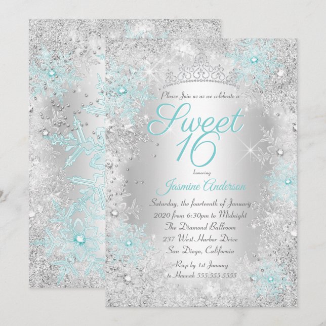 Sweet 16 Birthday Teal Silver Winter Wonderland Invitation (Front/Back)