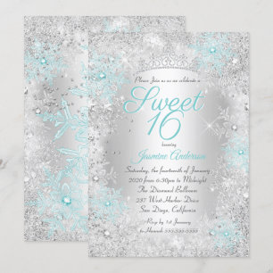 Sweet 16 Birthday Teal Silver Winter Wonderland Invitation