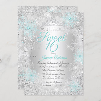 Sweet 16 Birthday Teal Silver Winter Wonderland Invitation