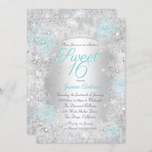 Sweet 16 Birthday Teal Silver Winter Wonderland Invitation