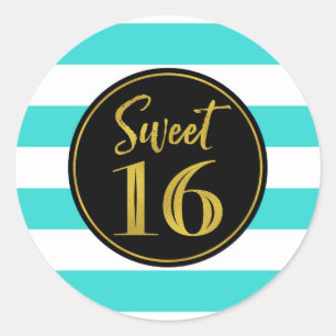 Sweet 16 Birthday Turquoise Gold White Stripes Classic Round Sticker