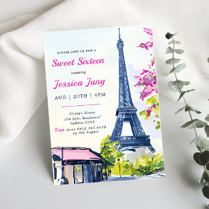 Sweet 16 Birthday Watercolor Floral Eiffel Tower Invitation