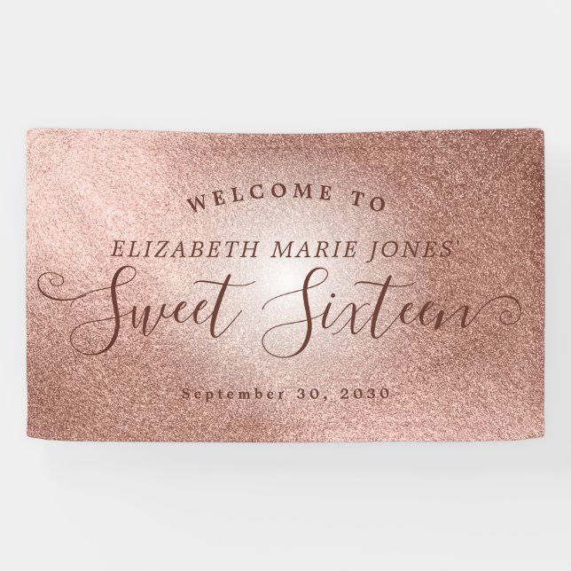 Sweet 16 Birthday Welcome Pink Rose Gold Glitter Banner (Horizontal)