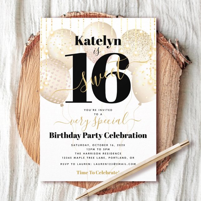 Sweet 16 Birthday White Gold Balloons Girly Glam Invitation (Creator Uploaded)