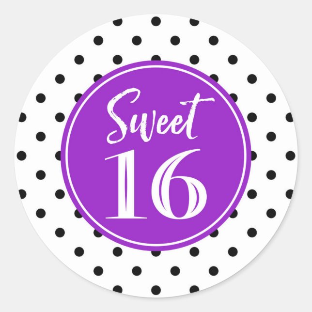 Sweet 16 Birthday White Purple Black Dots Classic Round Sticker (Front)