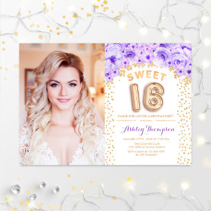 Sweet 16 Birthday With Photo - Gold Purple Floral Invitation