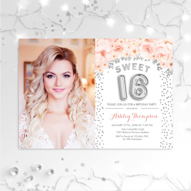 Sweet 16 Birthday With Photo - Silver Pink Floral Invitation (Creator Uploaded)