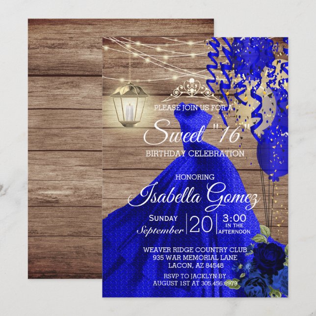 Sweet 16 Birthday - Wood and Blue Flowers Invitation (Front/Back)