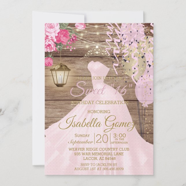 Sweet 16 Birthday - Wood and Pink Flowers Invitation (Front)