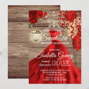 Sweet 16 Birthday - Wood and Red Flowers Invitation