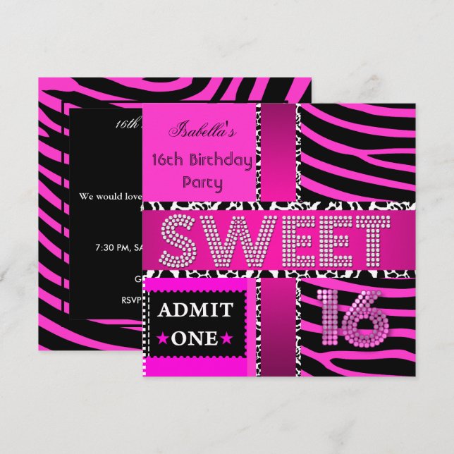 Sweet 16 Birthday Zebra Cow Hot Pink Black Invitation (Front/Back)