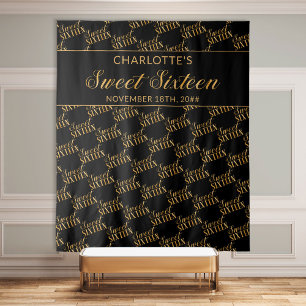Sweet 16 Black and Gold Birthday Party Backdrop Tapestry