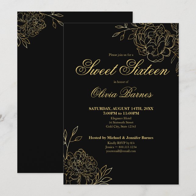 Sweet 16 Black and Gold Line Art Flowers Floral Invitation (Front/Back)