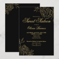 Sweet 16 Black and Gold Line Art Flowers Floral