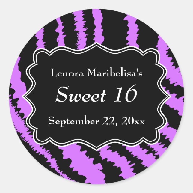 Sweet 16 Black and Purple Zebra Pattern Classic Round Sticker (Front)