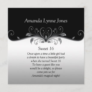 Sweet 16 Black and Silver Ornate Silver Scrolls Invitation
