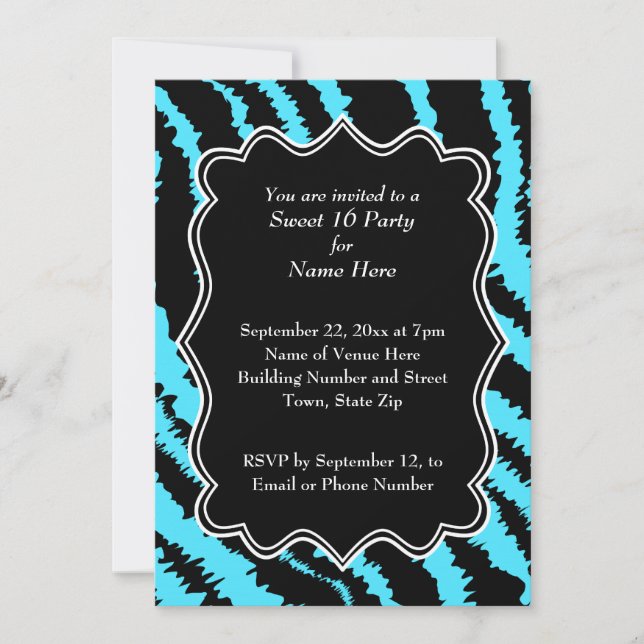 Sweet 16 Black and Turquoise Zebra Pattern Invitation (Front)