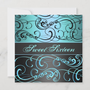 Sweet 16 Black/Blue Swirl Birthday Invitation