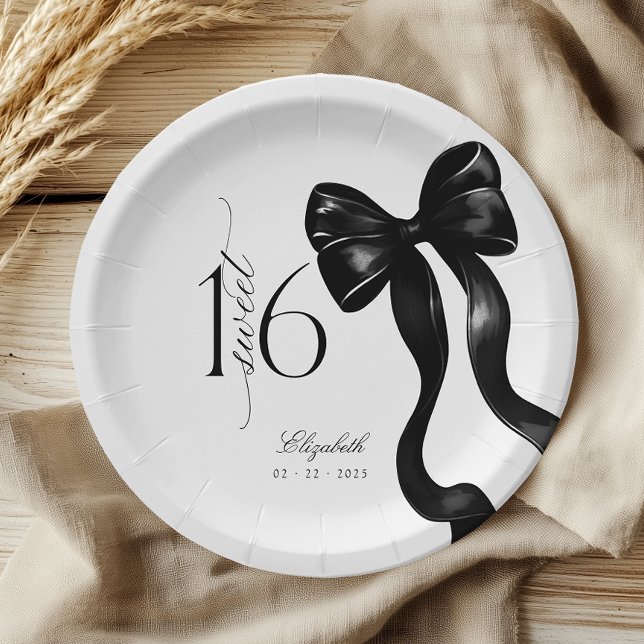 Sweet 16 Black Bow Birthday Paper Plates (Creator Uploaded)