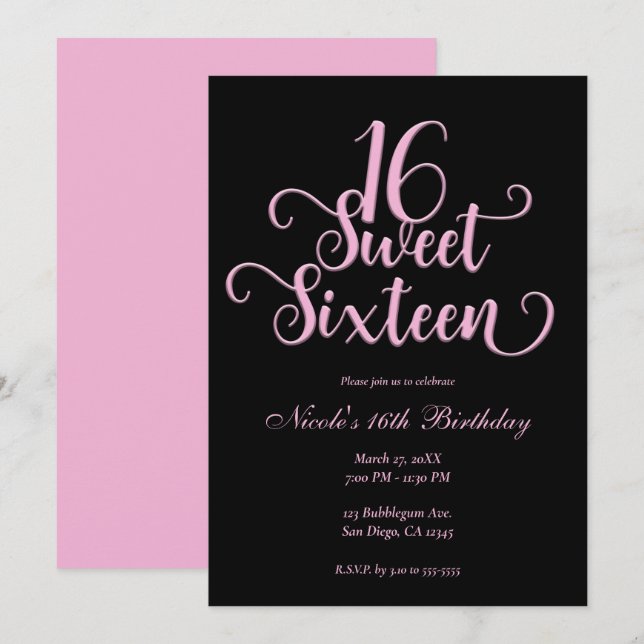 Sweet 16 Black & Bubblegum Pink Birthday Party  Invitation (Front/Back)