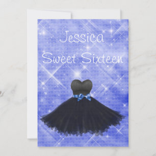 Sweet 16 Black Dress Blue Silver Glitter Birthday Invitation