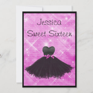 Sweet 16 Black Dress Pink Silver Glitter 3 Invitation