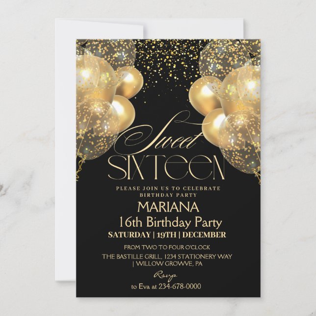  Sweet 16 Black & Gold Balloons Photo Birthday Invitation (Front)