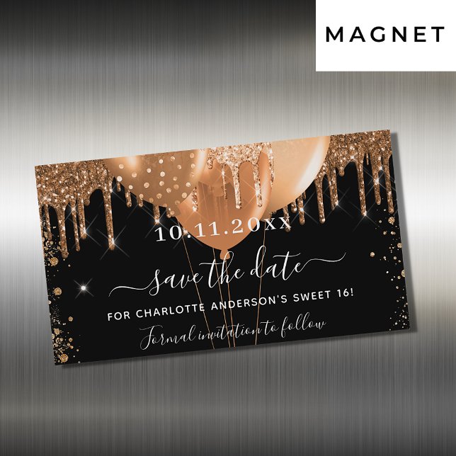 Sweet 16 black gold balloons save the date magnet (Creator Uploaded)