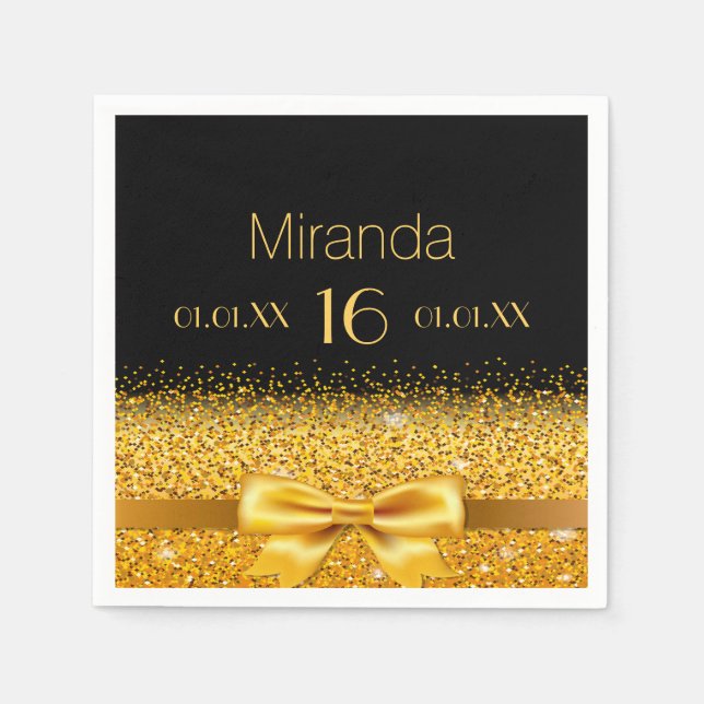 Sweet 16 black gold bow name napkin (Front)