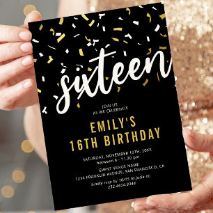 Sweet 16 Black Gold Confetti Invitation