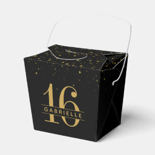 Sweet 16 Black Gold Confetti Personalised Takeout Favour Box