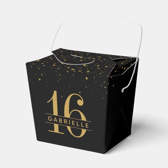 Sweet 16 Black Gold Confetti Personalised Takeout Favour Box (Front Side)
