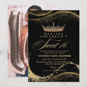 Sweet 16 Black & gold Crown Birthday Party Invitation