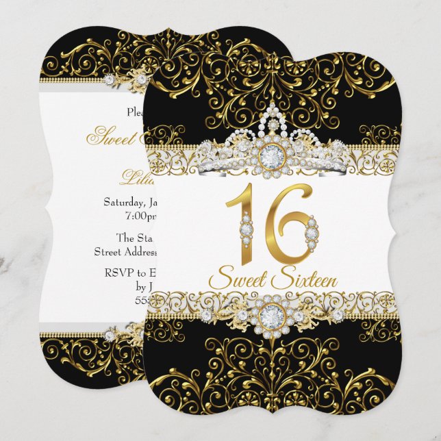 Sweet 16 Black Gold Diamond Glamour Birthday Invitation (Front/Back)