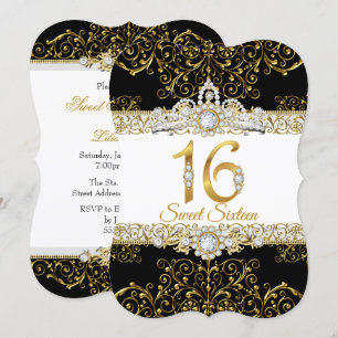 Sweet 16 Black Gold Diamond Glamour Birthday Invitation