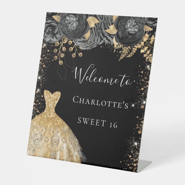 Sweet 16 black gold dress floral welcome pedestal sign (Front)