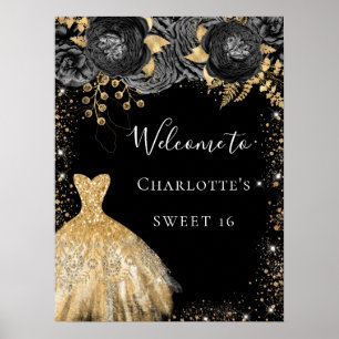Sweet 16 black gold dress floral welcome poster